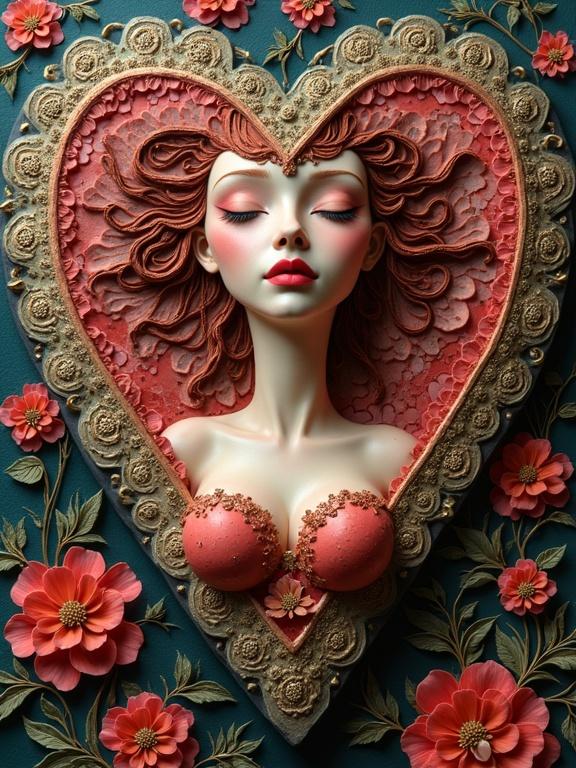 Masterpiece of a multi-layered heart sculpture with a feminine figure. The artwork features intricate details and vibrant colors. Elements of whimsy are prominent. The face exudes a femme fatale allure. Mixed media techniques are evident throughout the piece.