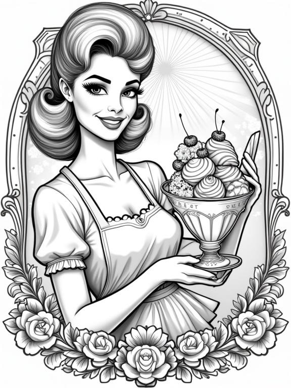 Create black and white line art coloring page featuring glamorous 1960s woman with voluminous bouffant hair presenting elaborate banana split dessert. Include intricate details suitable for coloring.