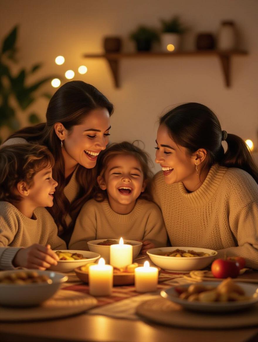 Mexican family celebrating around simple meal. Mother laughing with children. Everyone looks happy and relaxed. Hopeful and fulfilled atmosphere. Candles or soft lights enhancing emotional intimacy. Warm colors, close-up emotional tone.