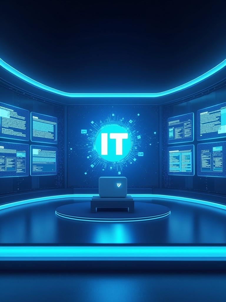 Futuristic AI-powered studio design for IT Design India. Features a prominent logo for branding. Holographic screens showcasing services like web development and digital marketing. Sleek background with glowing circuits. Designed for YouTube Shorts format with a vertical layout and dynamic lighting effects.