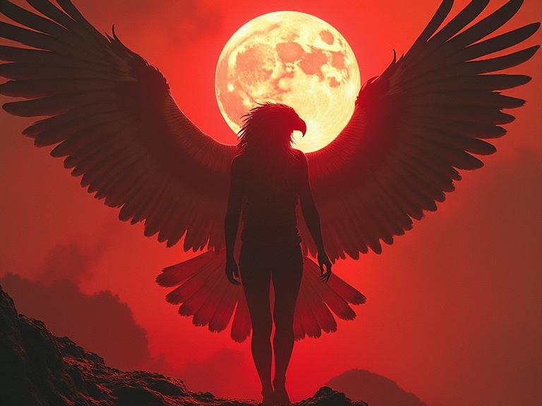 Artwork showing a powerful youth with raptor wings silhouetted against a crimson sky and full moon. Focus on raw energy and strength. Express connection between the youth and mythical raptors. Depict movement and atmosphere to convey a deeper story.