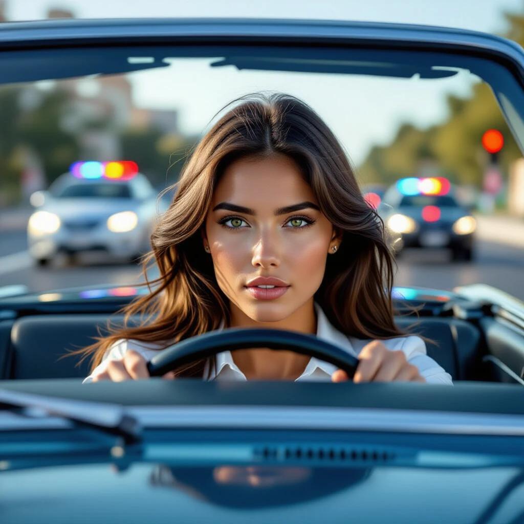 A latin girl has brown hair and green eyes. She is driving a car and speeding through a red traffic light. Police cars are chasing her in the background with flashing lights. The scene is very realistic.