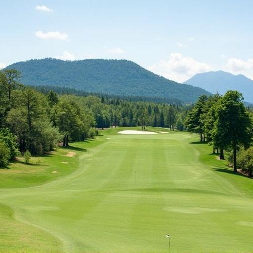 Golf course view with mountains in the background. Bright sunny day. Lush green fairway stretches into the distance.