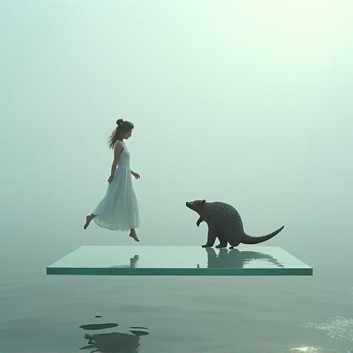 Photograph depicts a levitating woman in a white dress approaching a happy pangolin. The scene features a floating transparent platform above a foggy ocean.