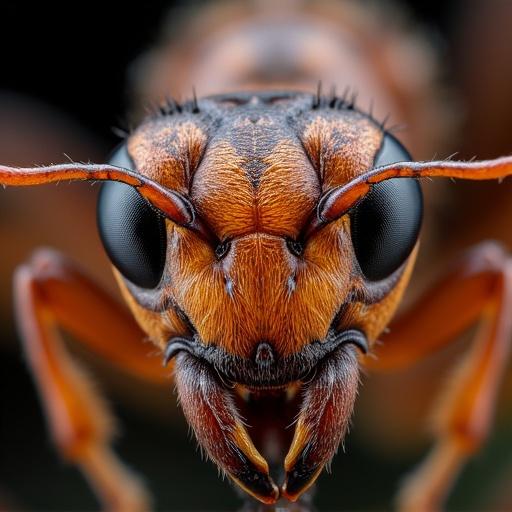 Extreme macro close-up of an ant's head. Hyper-realistic detail highlighted. Intricate textures visible on the exoskeleton. Highly magnified compound eyes featuring a faceted pattern. Tiny sensory hairs observed on antennae and mandibles. Sharp mandibles slightly open showcasing visible serrated edges. Deep focus on the head's surface, revealing micro-pores and subtle color gradients. Soft studio lighting casting sharp shadows. Ultra-high resolution photography. Shallow depth of field with natural background blur. Scientific photography style with award-winning aesthetic.