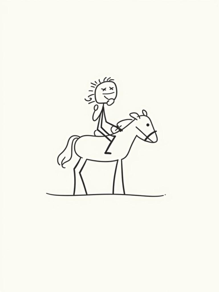 Minimalistic doodle of a girl riding a horse. Girl has a determined expression. Simple lines and shapes create the design.