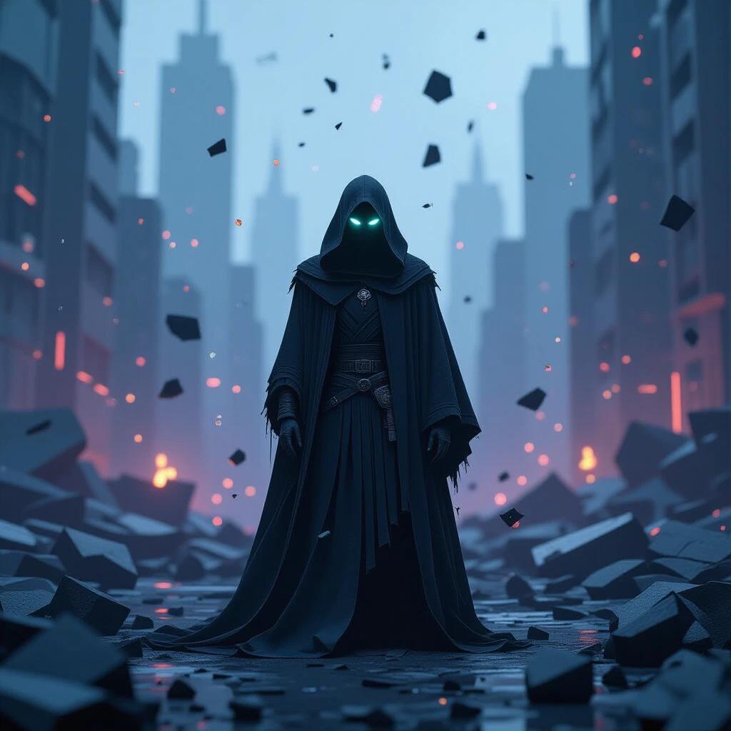 A figure stands motionless in a hooded cloak. The cityscape around them collapses into low-poly structures. Debris hovers midair. Glitch effects ripple from their silhouette. Their glowing eyes reflect neon ruins. The scene feels frozen in time with digital static and light shards.