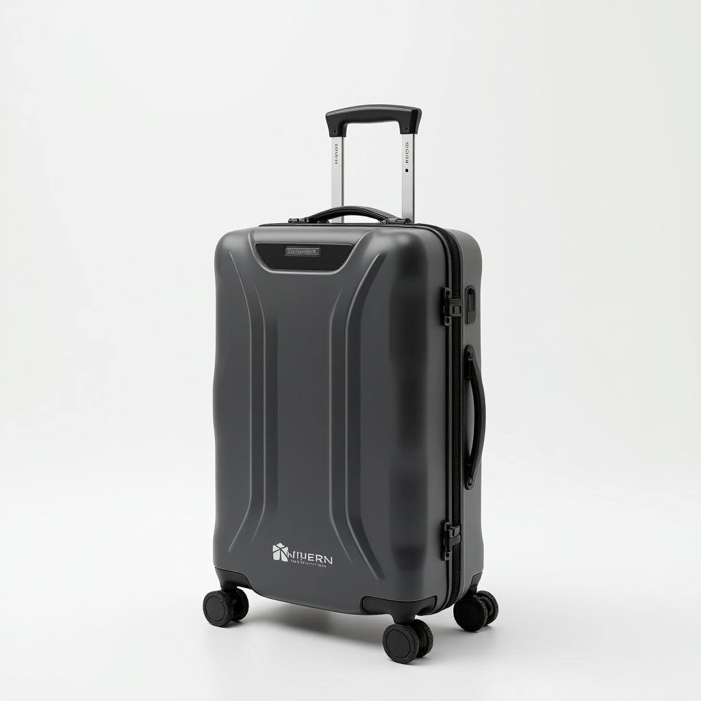 Luggage features inbuilt GPS tracker and weight scaller. Outer shell made from PET plastic. Bag named Modern Luggage, company name is Kufern Manufaktur GmbH with logo.