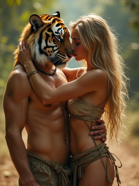 Fantasy theme focusing on a human and tiger bond. Female fairy with flowing hair stands closely to a tiger, engaging in a tender moment. Background shows a natural setting ideal for wildlife illustrations.