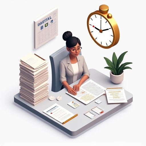 Isometric illustration of a clinical trial site coordinator sitting at a desk filled with paperwork and checklists. A large analog clock shows time pressure. Stopwatch and clipboard icons are included. Spreadsheet printouts and GCP notes scattered on the desk. Color theme features soft neutral grays and white with a gold accent on the clock. The scene feels slow, manual, and burdened. Professional appearance with a clean startup look. Background minimal with light hospital interior hints. Label as 'Manual Screening Workflow'.
