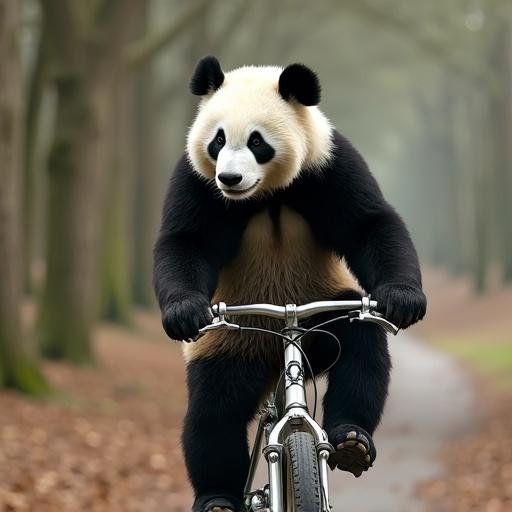 A panda riding a bicycle through a forest filled with trees