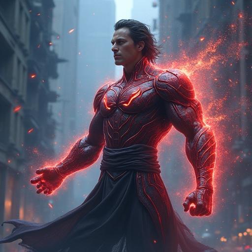 Web novel cover design for I Absorb Gene Cores. Character displays immense power. Set in a fantasy cultivation world. Strong character stands confidently amidst a cityscape. Fiery aura surrounds character. Emphasize strength and supernatural abilities.