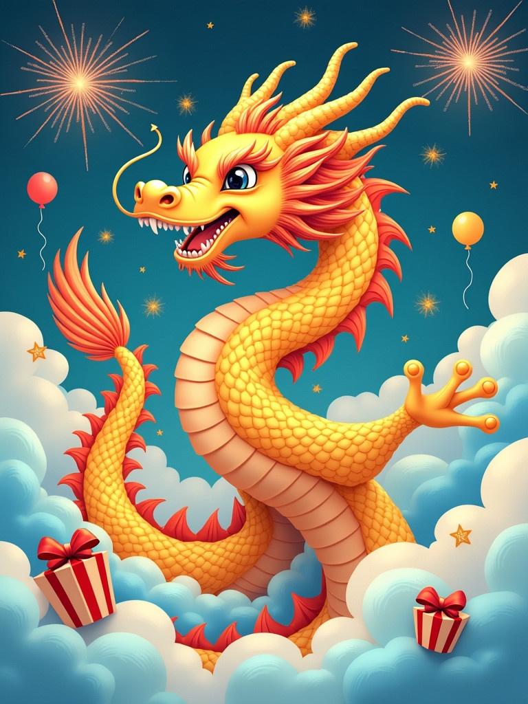 Illustration of golden dragon celebrating the New Year in 2025. Dragon surrounded by blue clouds. Fireworks and balloons in the background. Gifts placed among clouds.