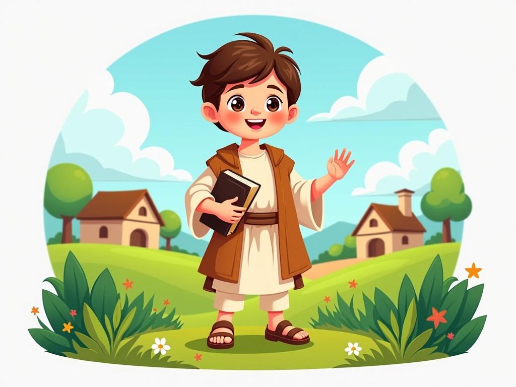 Creating a logo for a YouTube channel inspired by ancient biblical times. The cheerful cartoon illustration features a young boy, David, standing in vibrant green pastures. In the background, a quaint village is visible, representing his role as a good shepherd. David is dressed in traditional shepherd clothing, exuding a peaceful and joyful demeanor. He holds a Bible in one hand, symbolizing his faith. Above him, the heading 'The Faith View' is prominently displayed, adding a clear purpose to the logo design.