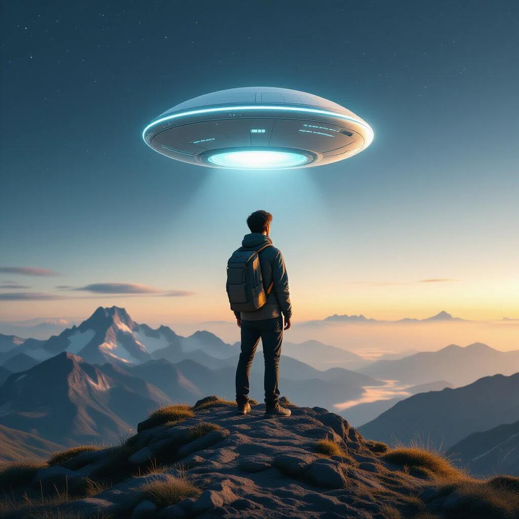 A young person stands on a mountain cliff gazing up at a hovering futuristic UFO above a scenic landscape at sunset.