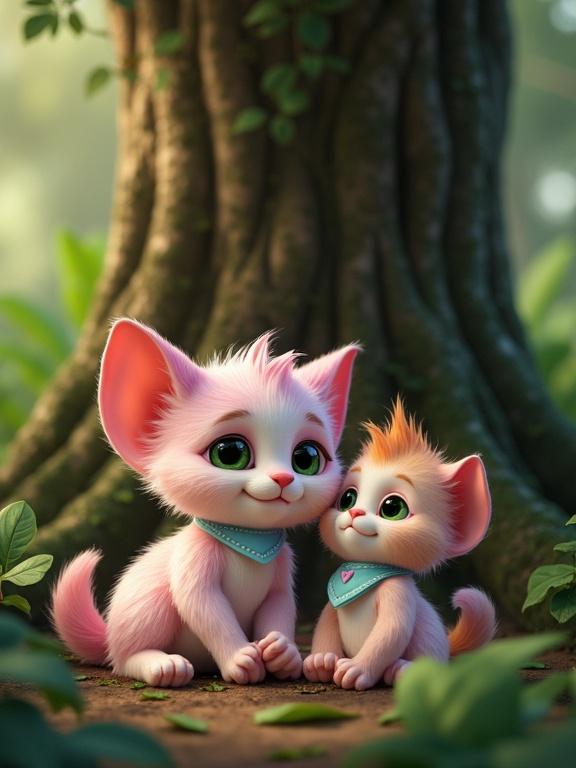 Fluffy anthropomorphic kittens with pastel pink and lavender fur sit under a massive tree. They have large green eyes and oversized heads. The jungle setting is quiet and warm. Soft sunlight pours through the leaves.