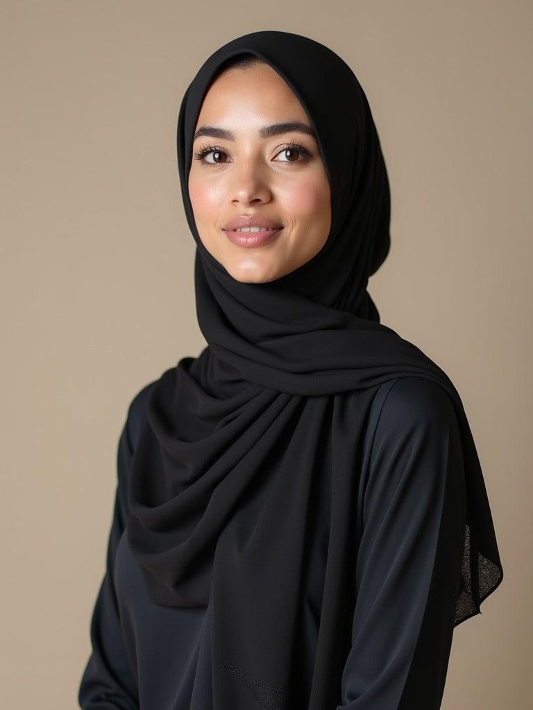 Professional half body ID photo of a beautiful woman wearing a hijab. The image displays the upper body in soft lighting. A neutral background enhances elegance.