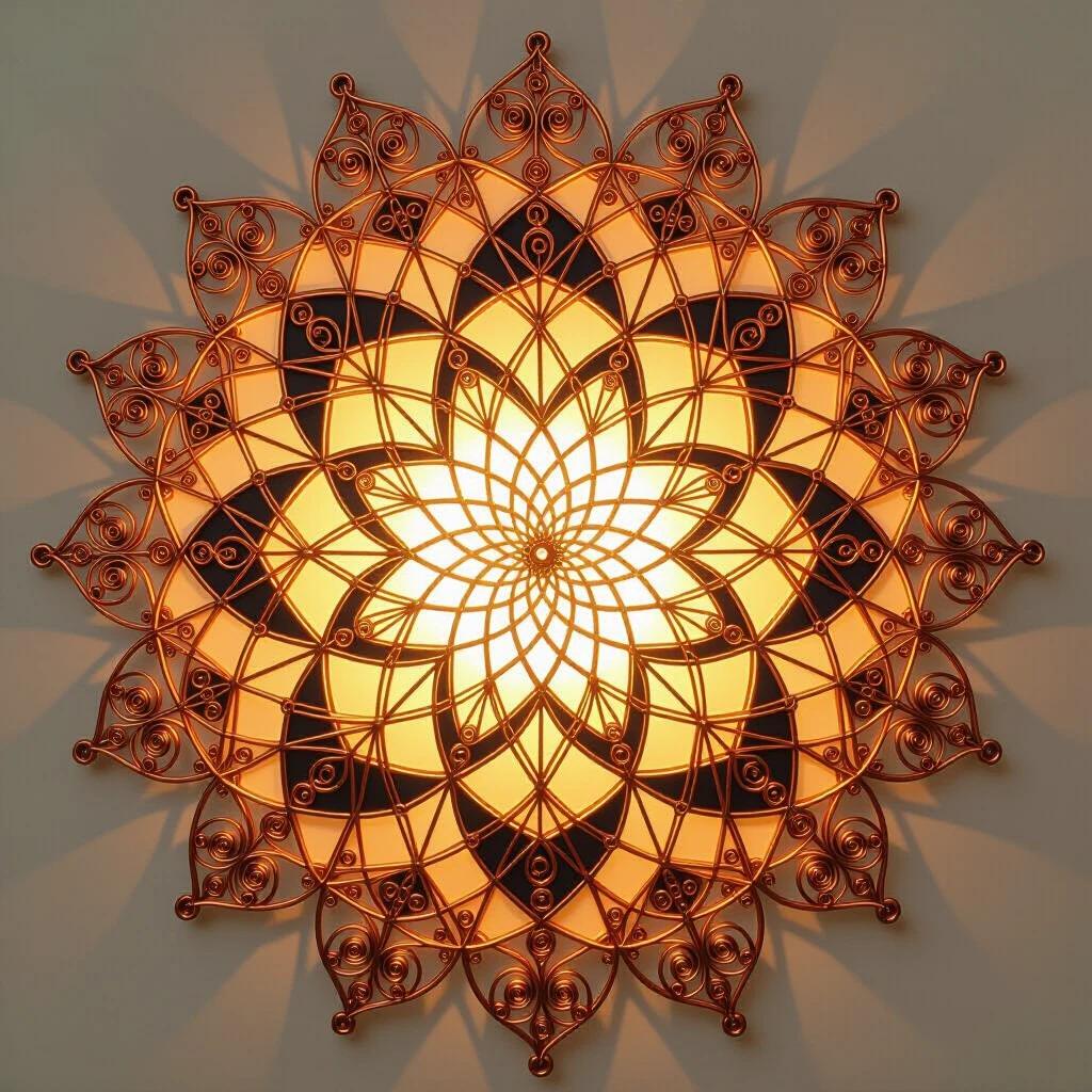 Intricate mandala pattern made from twisted copper wire. Design radiates from center with perfect symmetry. Each section has unique twist patterns creating harmony. Backlit for a glowing effect. Style is influenced by M.C. Escher and Islamic geometric art. Focus on mathematical precision with spiritual craftsmanship.