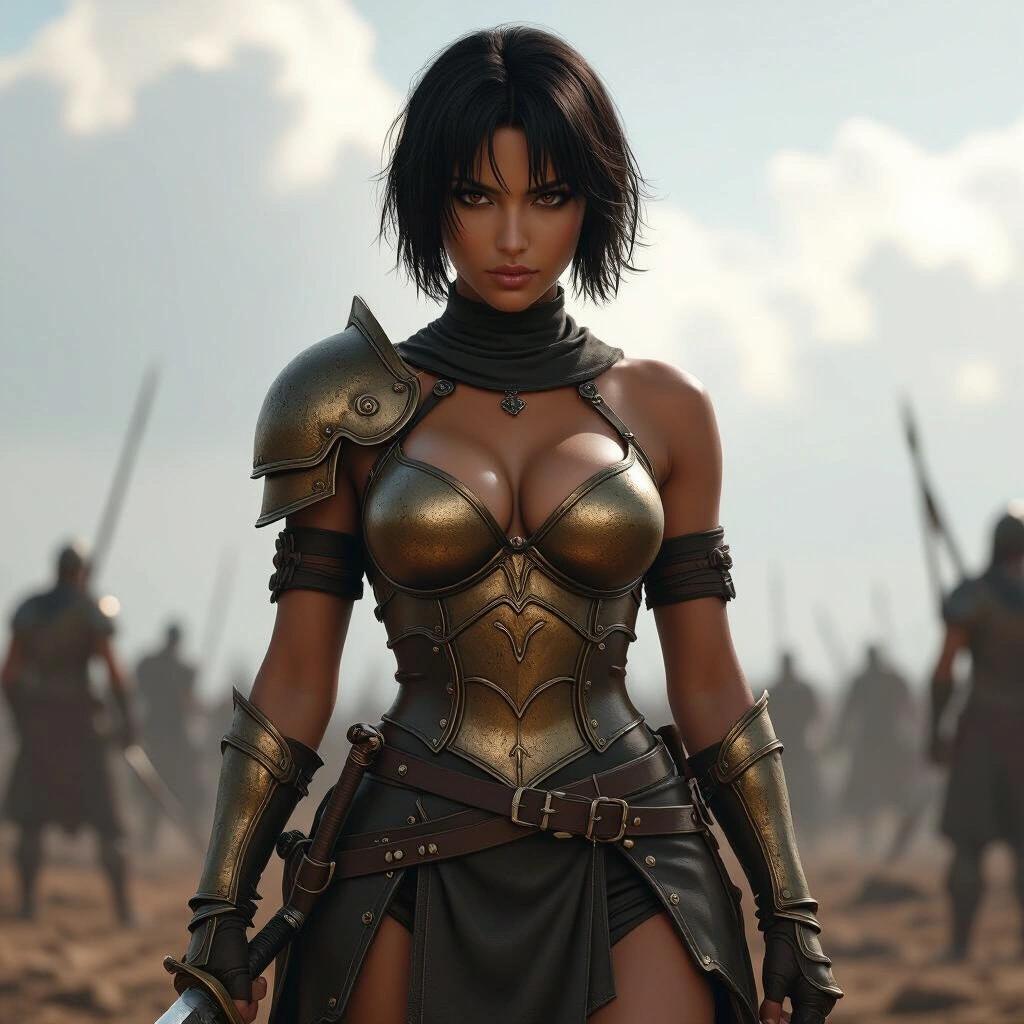 Hyper-realistic portrait of a strong female warrior in medieval armor. Character has dark skin and short black hair. Armor is worn bronze and leather with feminine curves. Setting is a dramatic battlefield with a cloudy sky. Character holds a sword and displays a serious expression. Detail includes subtle dirt on the armor and high realism.