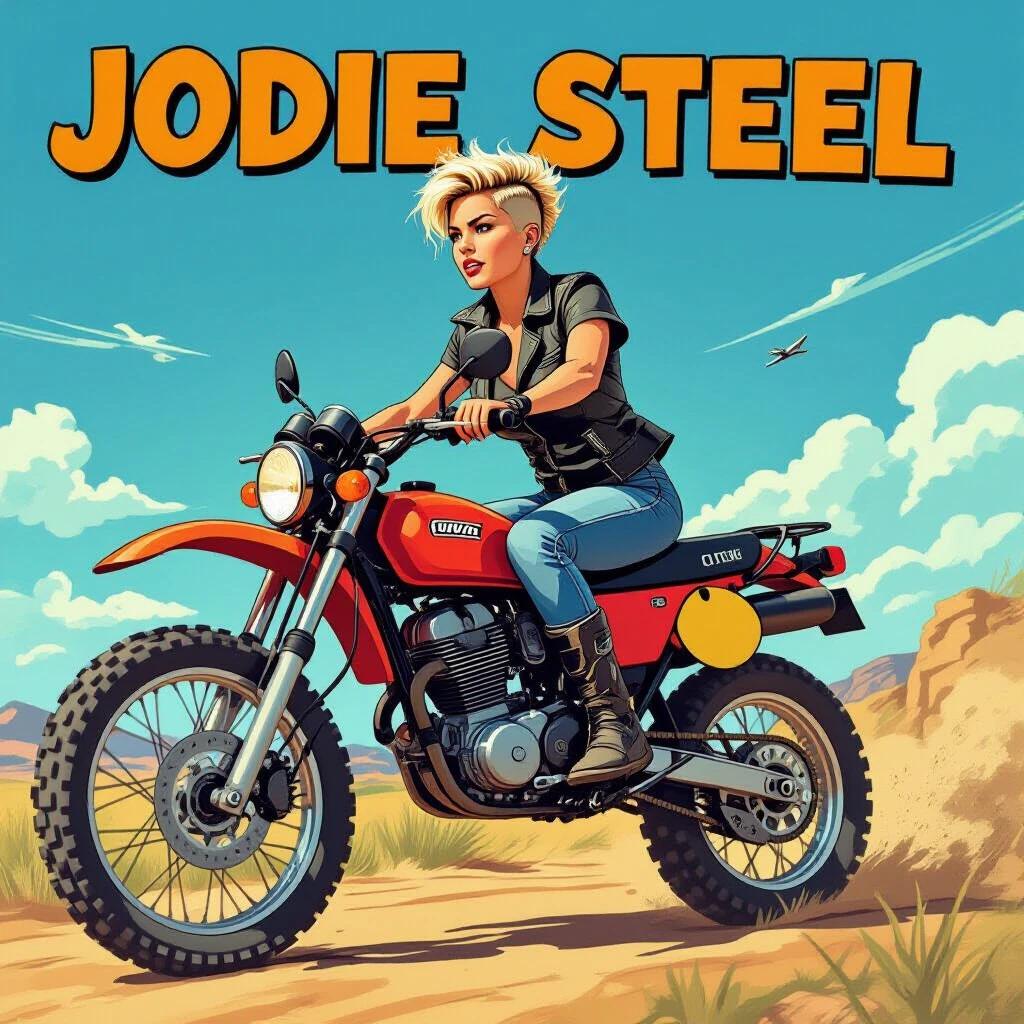 Image features a confident young girl riding an off-road motorcycle. The girl rides on the back wheel with the front wheel in the air. She has a modern punk hairstyle with one side shaved. She wears a white knotted shirt and ripped denim shorts. The motorcycle is viewed from the side as she travels left to right. The background features a desert landscape with a clear blue sky.