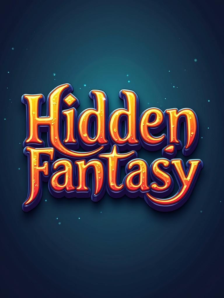 Text logo features the phrase Hidden Fantasy. Logo presented in bold and striking colors. 3D effect adds depth to the text. Background is a smooth gradient of blue. Elements enhance a mysterious fantasy theme.