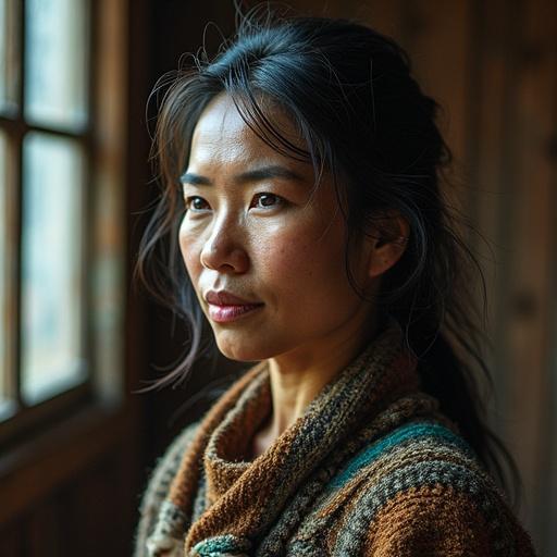 A conceptual editorial photograph showing a rural Chilote woman created through reflection in broken mirror shards. She wears traditional woolen clothing in earthy, muted colors. Each mirror reflects different natural elements from southern Chile including ocean and forests. Mirrors form her body symbolizing her identity connected to the landscape. The background hints at a Chilote wooden house or misty landscape. The atmosphere is calm and introspective, with natural lighting and warm tones.