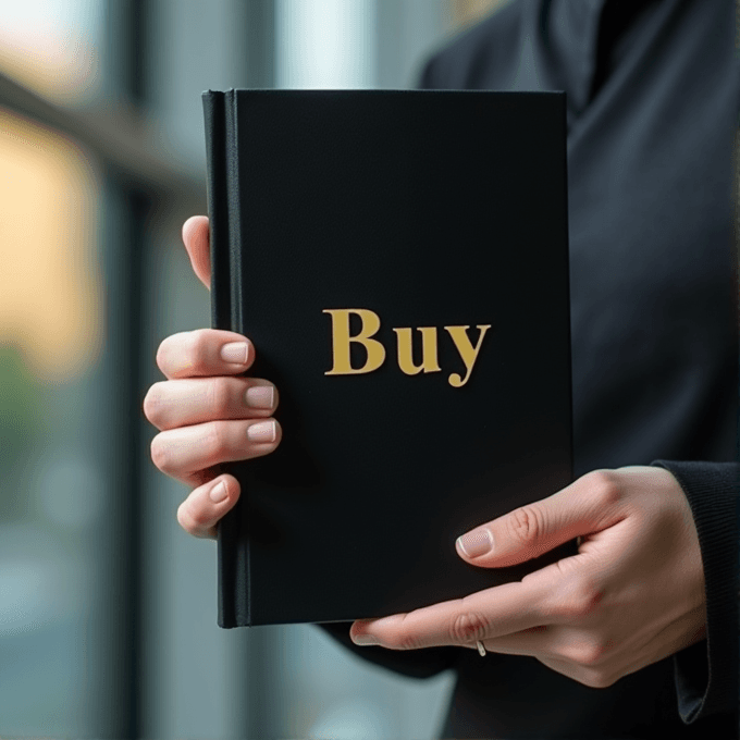 A person is holding a black book with the word 'Buy' on the cover.