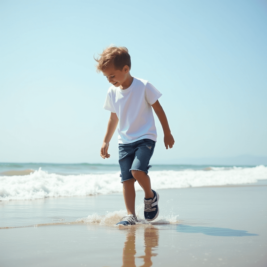 A young boy happily walks in the shallow waves on a sunny beach day.