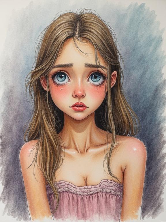 Realistic crayon drawing of a scared and tearful teen woman with long hair, large expressive eyes, bare-chested, looking anxiously at a standing figure, conveying overwhelming emotions.