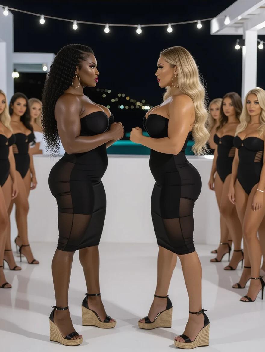 Two muscular women stand face to face ready to fight in a Mykonos bar at night. One woman has long curly black hair and the other has long blonde wavy hair. Both wear black strapless dresses and high heels. The setting features many women dressed similarly watching them.