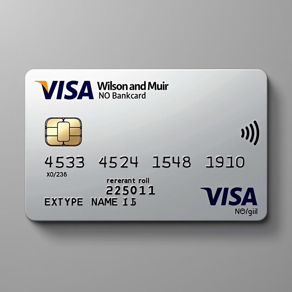 Realistic credit card resembles Wilson and Muir bank card. Design includes Visa logo, credit card number, cardholder name, expiry date. Features sleek silver background with clean black font.