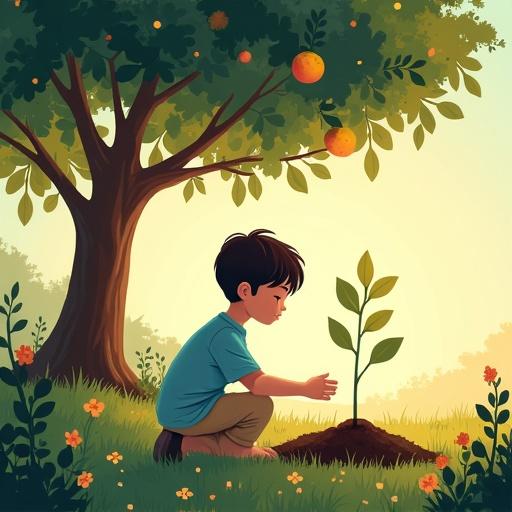 Illustration of a young boy planting a sapling in a peaceful garden. Boy appears 6-8 years old with short dark brown hair. He wears a light blue shirt and beige pants, kneeling on lush grass. Sapling placed carefully into soil. Large fruit tree in the background with delicate flowers and a twilight sky of pastel colors. Arabic calligraphy included. Figures have smooth featureless faces to respect modesty.