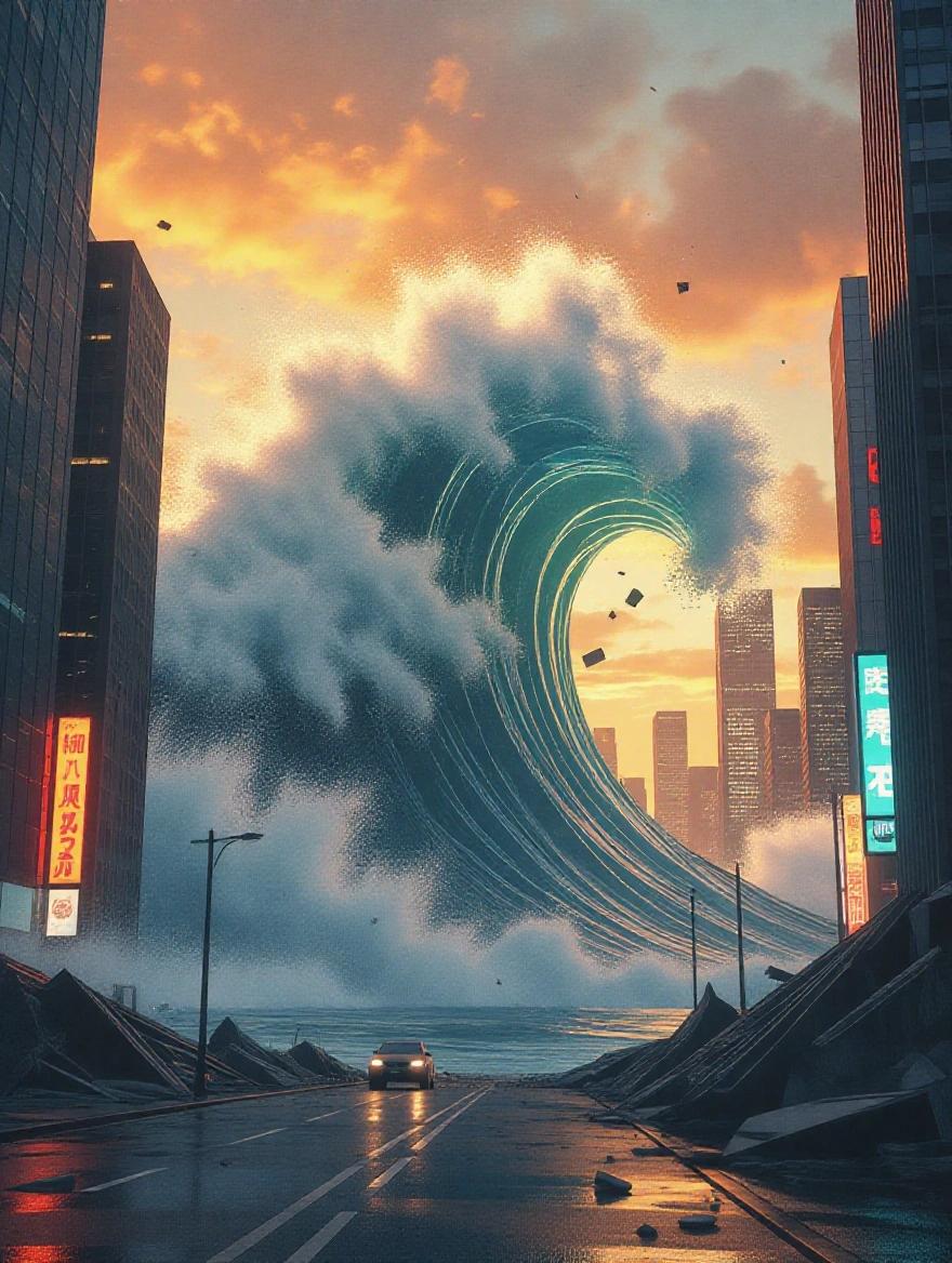 Breathtaking animation featuring colossal tidal wave crashing over futuristic city. Wave towering above neon skyscrapers. Shattering glass and concrete. Debris flying as wave floods streets. Fiery orange sky illuminating scene. Camera zooms from wide shot to close-up of wave’s destructive force. Chaotic yet majestic visual.