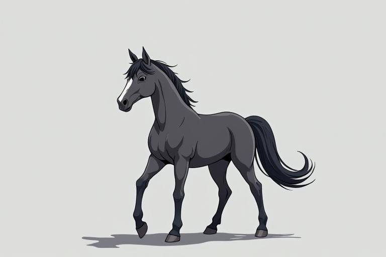 Gray horse character in anime style, can be born dark and lighten with age, color range from almost black to white, gray background.