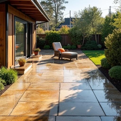 A patio pressure washed showing clean and dirty contrasts. Bright outdoor light highlights the difference.