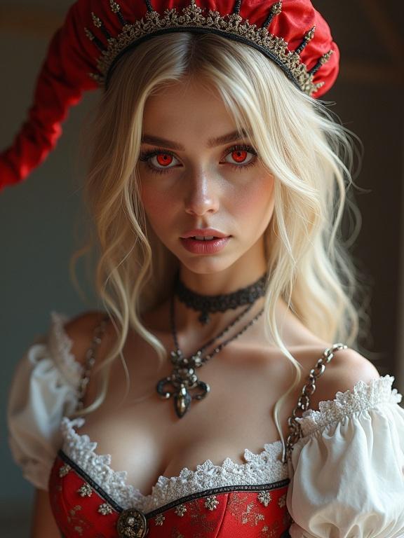 A captivating image of a blonde witch with red eyes in a detailed white and red dress. The scene has mystical elements. The textures are ultra-realistic and the colors are vibrant. The image is rendered as 3D digital art.