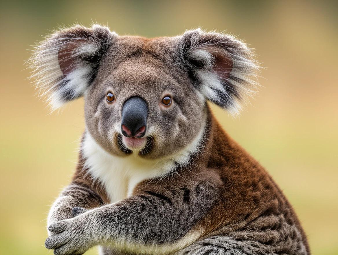 A close-up image of a koala displaying a cute expression. The koala has large ears and a fuzzy appearance. The background is softly blurred highlighting the animal. The image captures the essence of Australian wildlife.