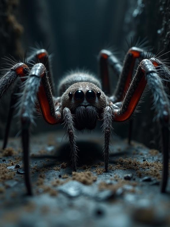 Large spiders with big eyes and hairy legs in a dark corner creating a spooky and dramatic atmosphere