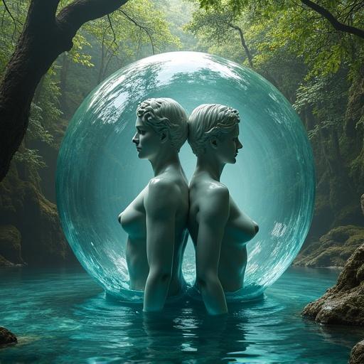 Plato's story of spherical humans depicted as a fluid sculpture in a mythical forest. Woman and man swimming back to back within a hollow ball, bodies transforming into ball shape.