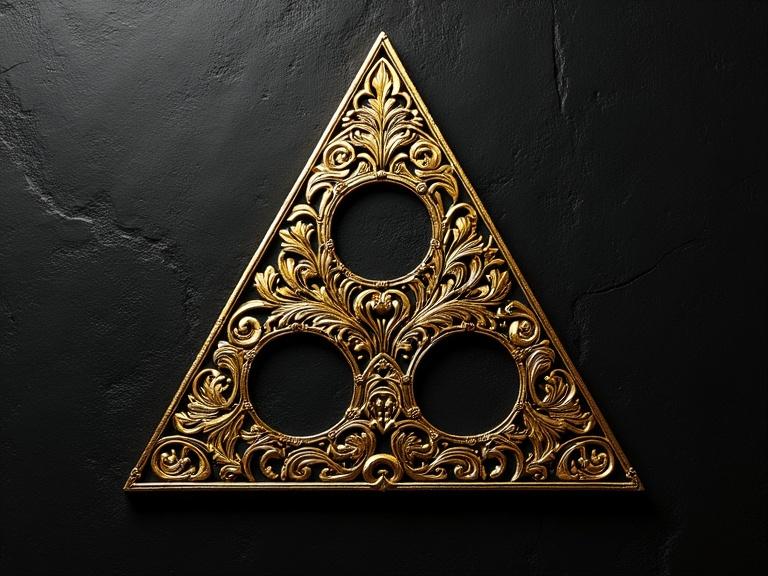 Extravagant golden triangular frame with three circular openings. Intricate floral designs. Set against a black textured background.