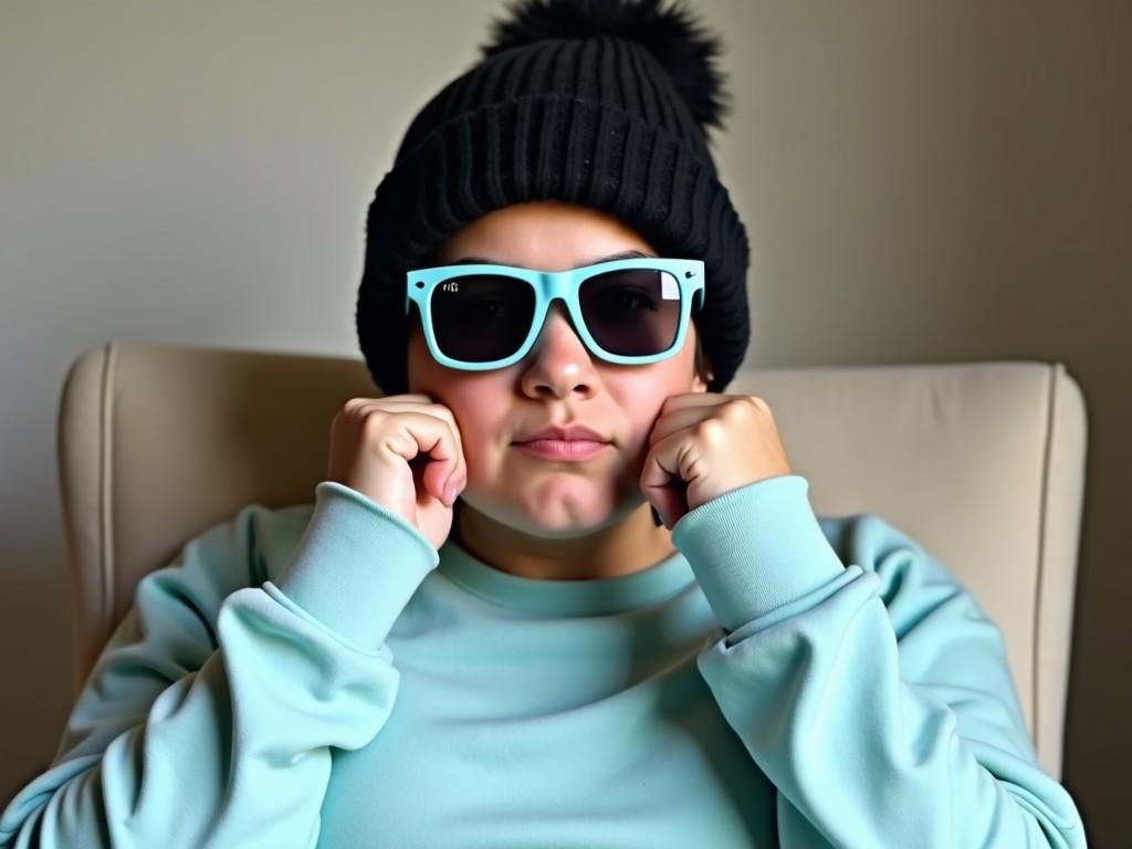 The image features a person sitting comfortably in a chair, wearing a cozy black hat and sky blue sunglasses. They are making a playful and serious facial expression, puffing their cheeks slightly. The individual is dressed in a light blue sweatshirt, and the background appears soft and neutral. The overall vibe of the image seems relaxed yet confident. The setting may suggest a casual environment, possibly indoors, giving off a laid-back atmosphere.