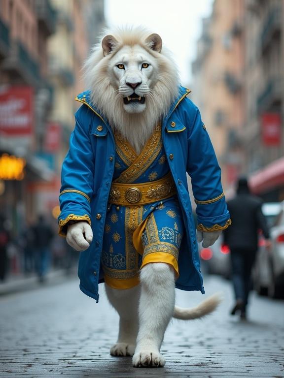 A large, majestic white lion walks down a city street while wearing a blue jacket and adorned with yellow golden ornaments.