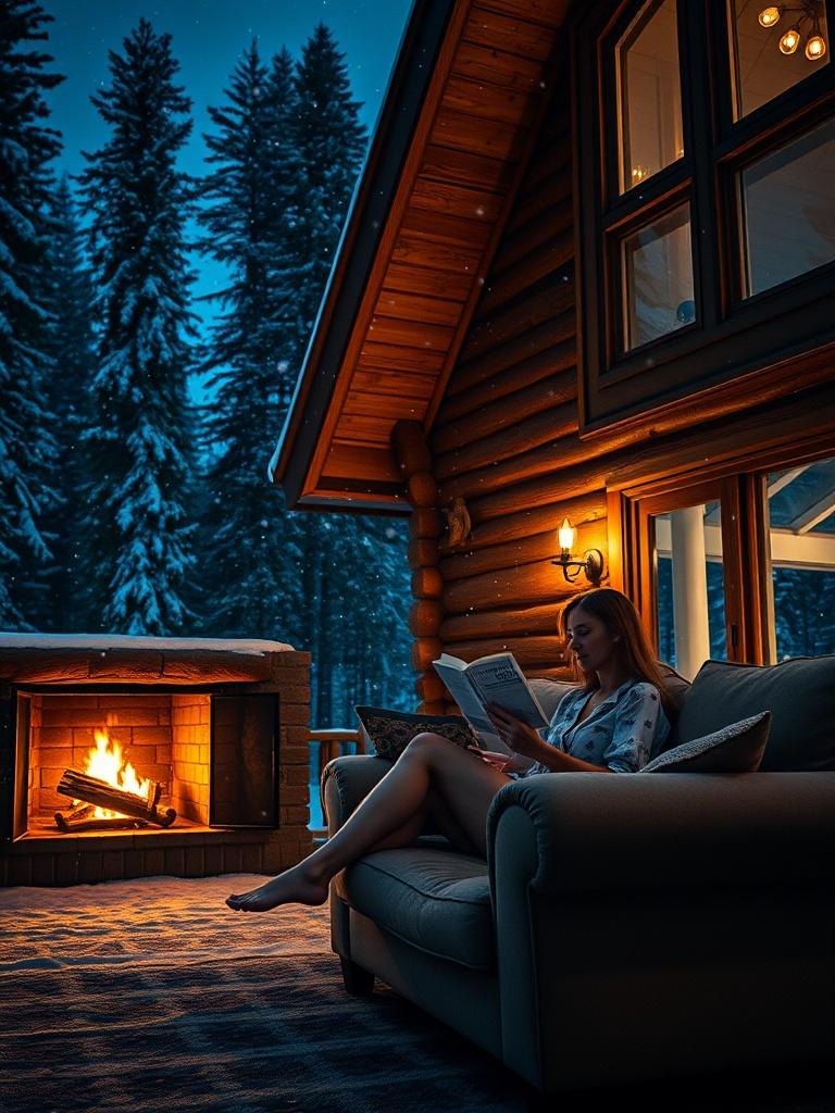 In a cozy winter setting, a woman is comfortably seated on a sofa by an outdoor fireplace attached to a wooden cabin. The scene is set at night, with snow falling gently and the warm glow of the fire contrasting against the cool, snowy forest backdrop. The cabin's warm lamplight and the serene ambiance create a sense of tranquility and relaxation.