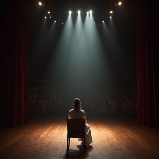 An establishing shot of a big theater. Characters shown from their side view. High angle shot. One person sits on a chair at an extreme long distance from the stage. A woman in a white apron dress with a spiritual vibe is on the stage. Light is on the woman with a dark background.