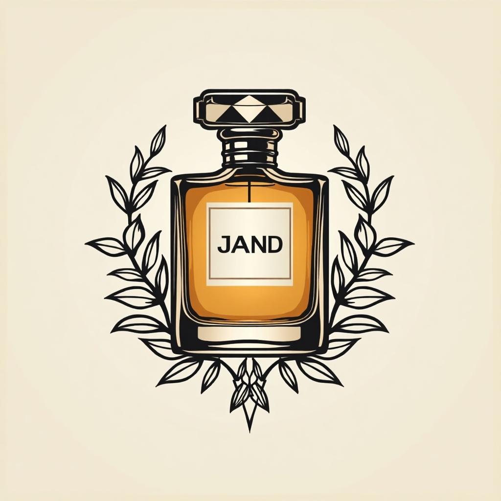 Design a logo for a high-end fragrance brand featuring a stylish perfume bottle. Include elegant typography with the name 'JAND'. Use a sophisticated color palette.