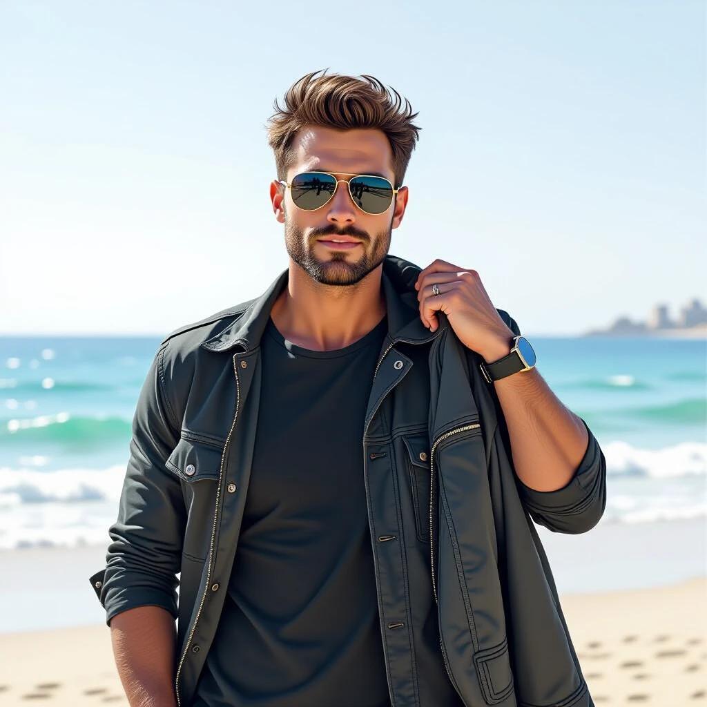 Pencil drawing of a man with sunglasses holding a jacket. He stands on the beach facing the sea in Tel Aviv during noon time.