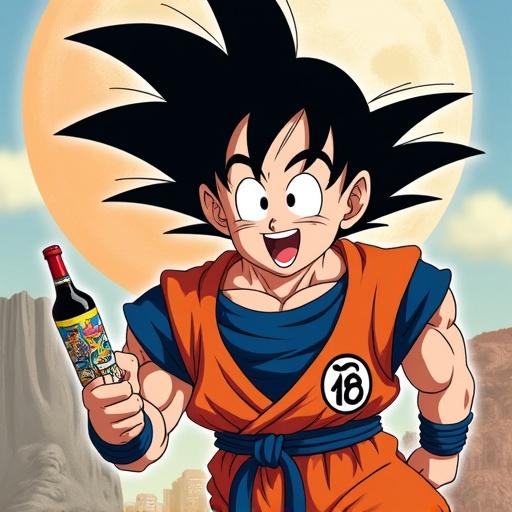 Illustration of a well-known anime character named Goku. Character appears happy and playful while holding a bottle. Background features a large sun and stylized landscape.
