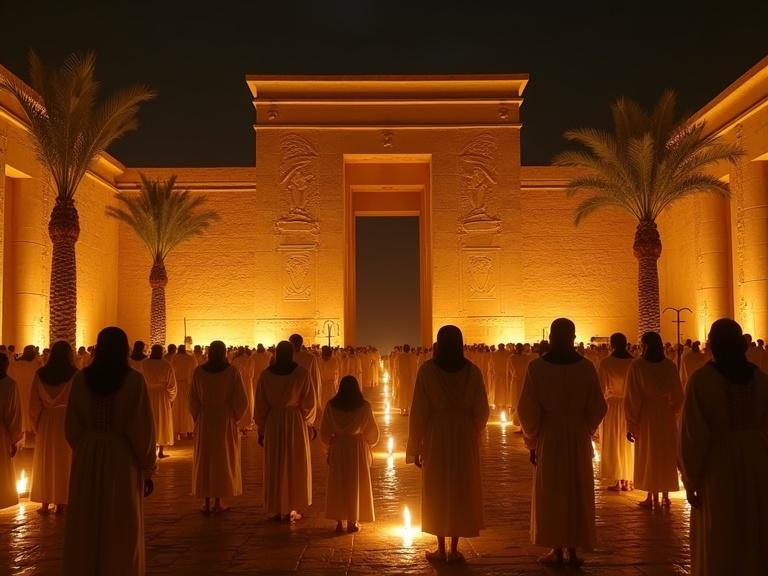 Wide IMAX cinematic shot of an Ancient Egyptian temple courtyard at night with thousands of lit torches. A solemn crowd of men, women, children, soldiers, and priests stands in front in authentic attire. Temple architecture features lotus columns and engraved walls.