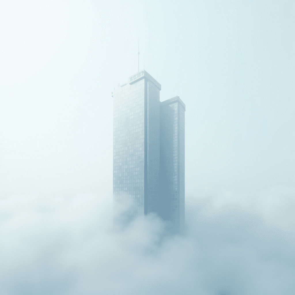 A tall building emerges through thick clouds in a serene, ethereal scene.