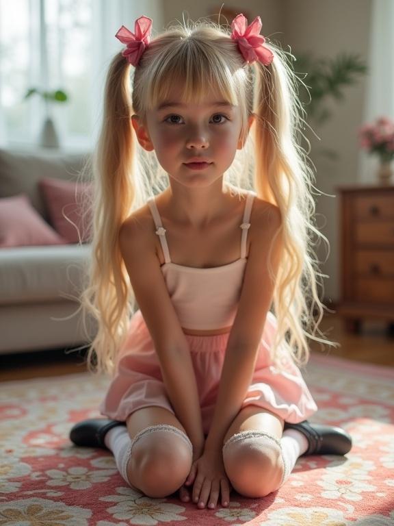 A child with long blonde hair in twin tails and pink bows kneels on a colorful rug in a softly lit living room. She wears a crop top and a light pink skirt with lace thigh-high socks and black shoes. Child has a beautiful face and expression.